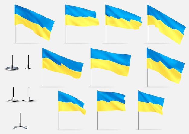 Realistische flaggen der ukraine gelbe und blaue wehende flaggen der ukraine satz realistischer vektoren