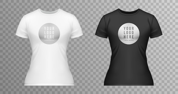 Realistische Frauen-T-Shirt-Mockup-Icon-Set Weiße und schwarze T-Shirts der Frauen mit dem Logo in der mittleren Vektorillustration