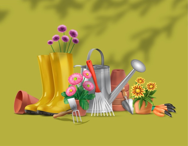 Realistische Gartenkomposition mit Silhouetten von Ästen und Bildern von Gartenausrüstungsstiefeln und Blumenillustration