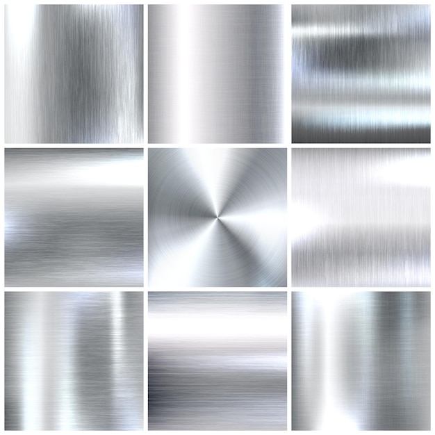 Realistische gebürstete Metalltexturen aus poliertem Edelstahl Hintergrundvektorillustration