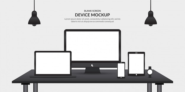 Realistische geräte mit leerem bildschirm auf dem tisch, vorlage für die app-entwicklung und ux / ui