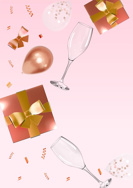 Realistische Geschenkkiste aus Rosengold mit Gläsern und Ballons für Feierlichkeiten