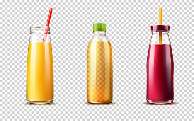 Realistische Glasflasche mit Traubenorangensaft und Limonadenset Vector Frischgetränkebehälter