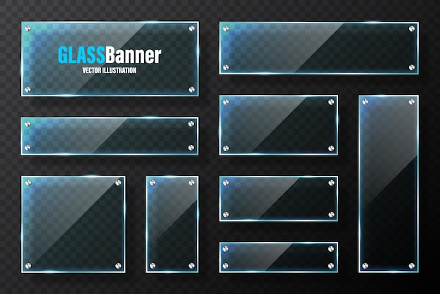 Realistische Glasrahmen mit Metallhaltern blaue transparente Glasbanner mit Fackeln und Highlights