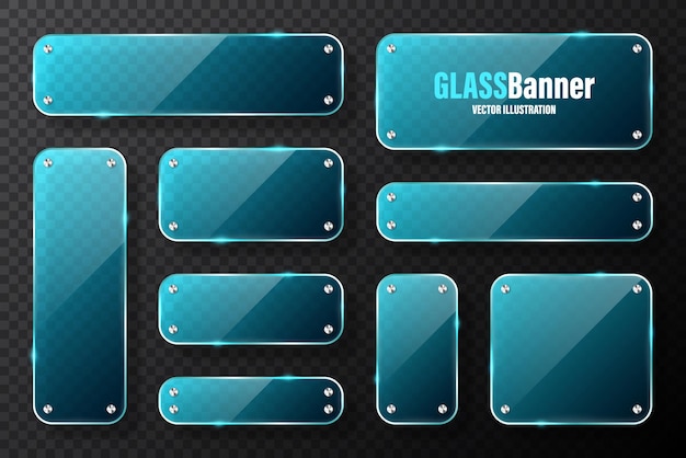 Realistische Glasrahmen mit Metallhaltern, blaue transparente Glasbanner mit Fackeln und Highlights