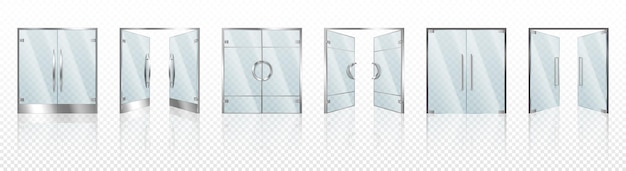 Realistische glastür. eingang moderne glastüren, büro- oder einkaufszentrum stahlrahmen schließen und öffnen ausgangstür einzeln auf transparentem hintergrund. 3d-vektor-illustration
