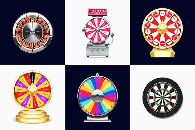 Realistische glücksräder, kasino-roulette und dartscheibe-illustrationssatz