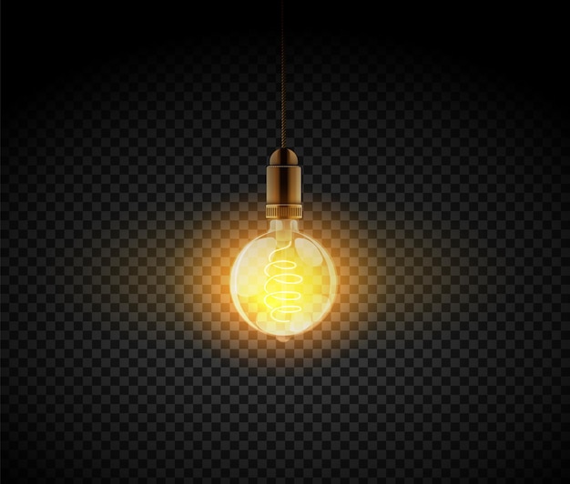 Realistische Glühbirne. Elektrische Retro-Lampe, Innendekorationselemente. Vector Illustration dunkel leuchtende Glühbirne auf schwarzem transparentem Hintergrund