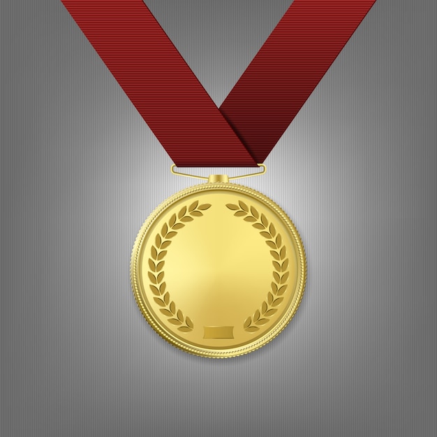 Realistische goldene preismedaille mit roter schleife.