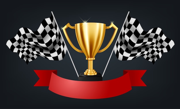 Realistische goldene trophäe mit checkered flag racing