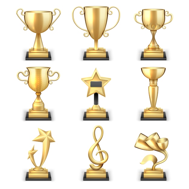 Realistische goldene Trophäenschalen und Sportpreis-Vektorsatz. Triumph-Sportpreis und -preis, Sieger-Trophäengold-Pokalillustration