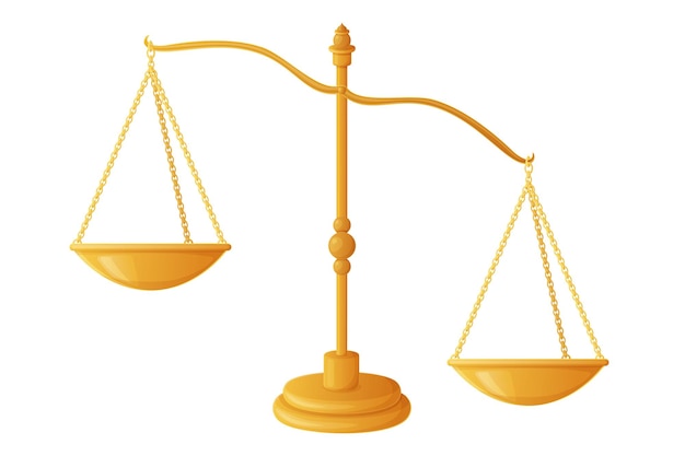 Realistische goldene Waage mit ungleichmäßigen Gewichten, die Gerechtigkeit bei der Entscheidungsfindung oder Ungleichheit symbolisieren