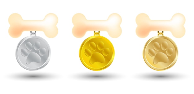 realistische Goldmedaille mit Pfotenabdruck und Knochen für den Championhund Preis für den Gewinner des Haustieres