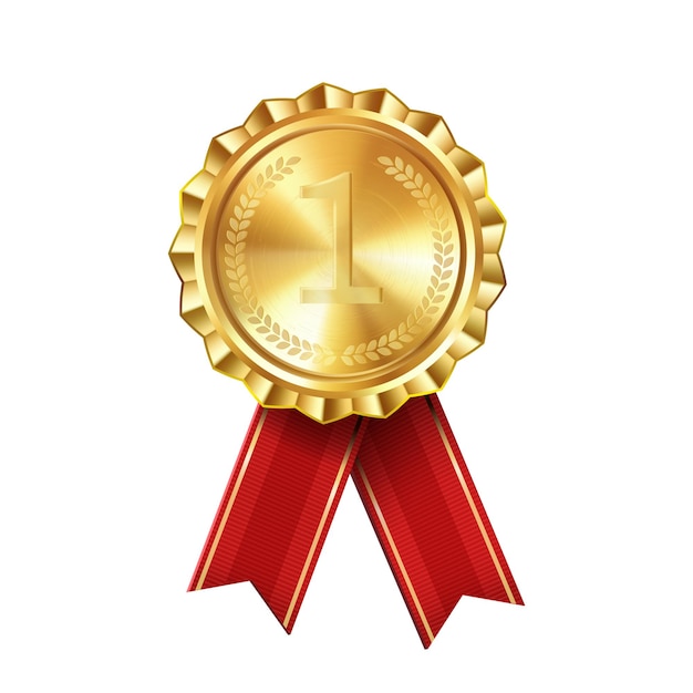Realistische Goldmedaille mit roten Bändern und eingravierter Nummer eins. Premium-Abzeichen für Gewinner und Erfolge