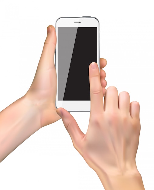 Realistische Hand, die Handy lokalisiert auf Weiß hält
