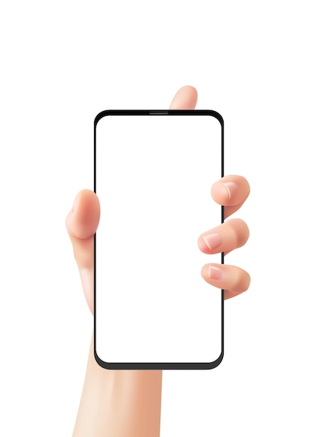 Realistische Hand und Telefon. Frau hält Smartphone, Frau verwendet Smartphone, intelligente Technologie der Online-Kommunikation, Werbung auf dem Bildschirm des Geräts 3D-Vektor-isoliertes Mockup