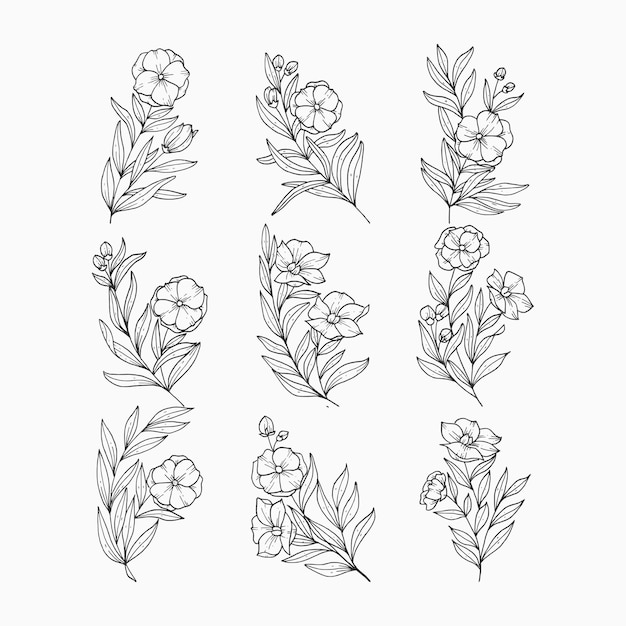 Realistische handgezeichnete Blumen und Blätter.
