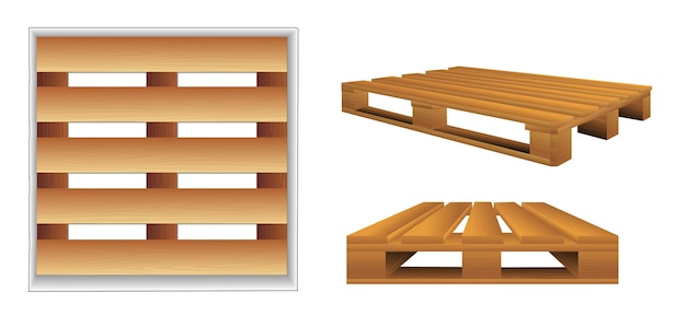 Vektor realistische holzpaletten-front- und winkelsicht-holzschalen für frachtholzpaletten-verpackungsschale