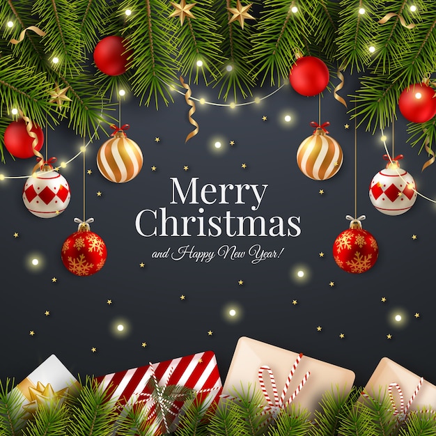 Realistische Illustration der Weihnachtszeit mit Ornamenten und Geschenken