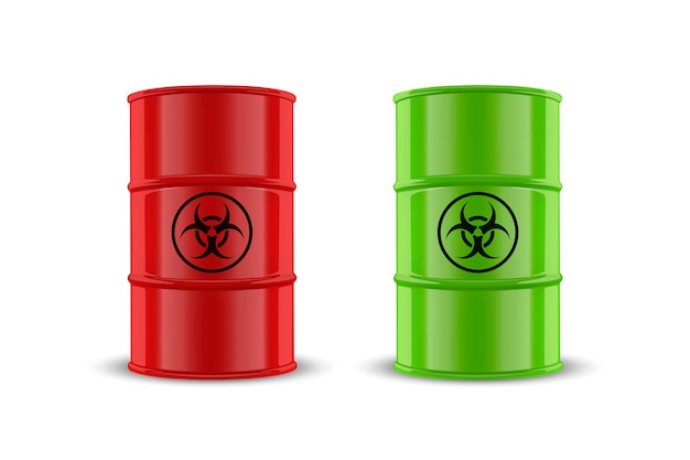 Realistische illustration des vektors 3d rot und grün einfaches glänzendes emaille-metallöl-kraftstoff-benzin-fass-set mit biohazard-schild isoliert auf weiß design-vorlage der verpackung für mockup-vorderansicht