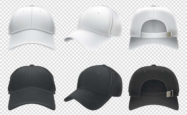 Realistische Illustration einer weißen und schwarzen Baseballmütze aus Textilien, vordere und hintere Sicht