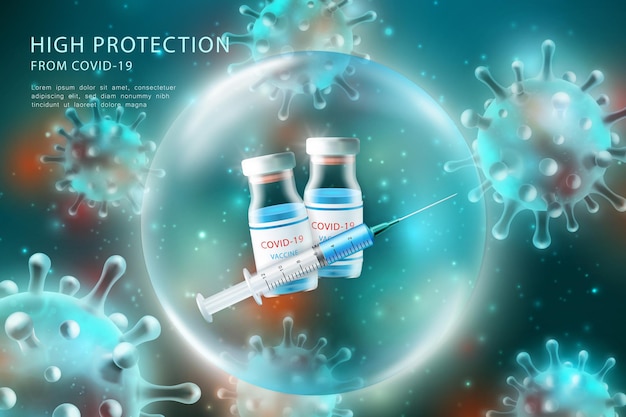 Realistische Injektions-Impfstoffspritzen für die globale epidemische Grippeerkrankung Coronavirus COVID-19 Hintergrundbild 3D-Virus und transparenter Blasenschutz