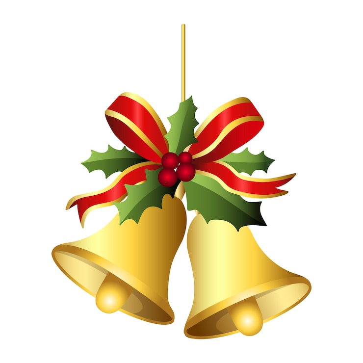 Vektor realistische jingle glocke weihnachten hängt auf rotem band und holly beeren blätter dekoration