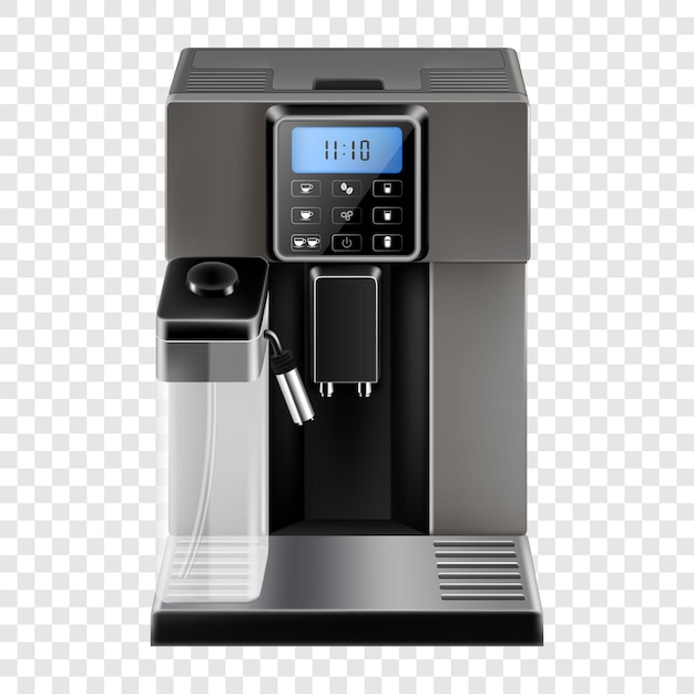 Realistische Kaffeemaschine. Design von Haushaltsgeräten. Automatische Espressomaschine, isoliert auf transparentem Hintergrund. Elektronische Geräte für die Cappuccino-Zubereitung. Vektor-3D-Illustration