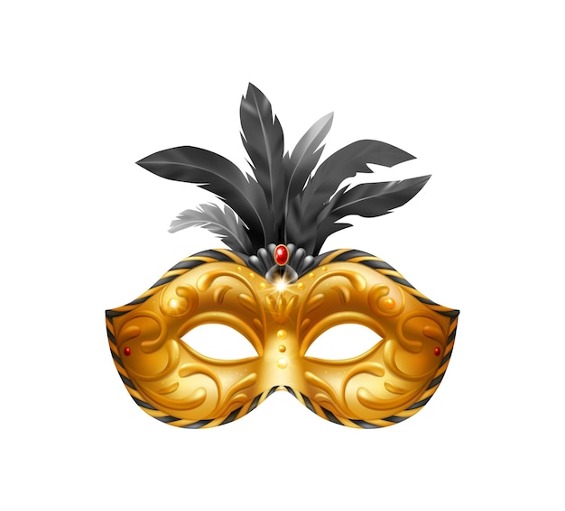 Realistische karvinale Maskenkomposition mit isolierter Illustration der goldenen Maskerademaske mit schwarzen Federn