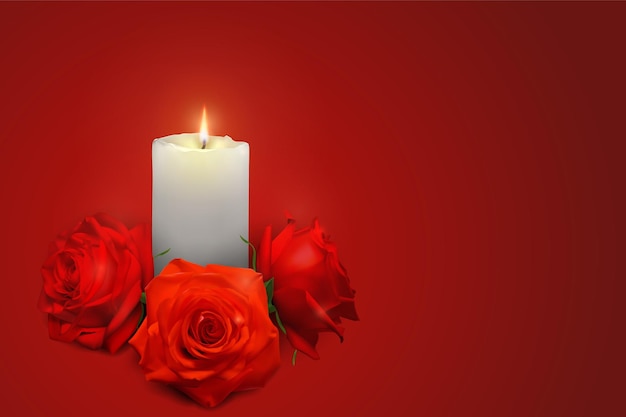 Realistische Kerze und Rosenknospen auf rotem Hintergrund