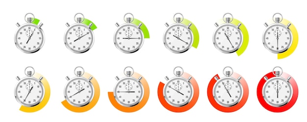 Realistische klassische Stoppuhr glänzender Metallchronometer Zeitzähler mit farbenfrohen Countdown-Timer