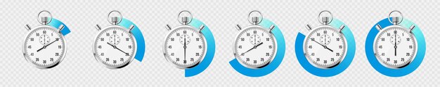 Realistische klassische Stoppuhr Glänzender Metallchronometer Zeitzähler mit Zifferblatt Blauer Countdown-Timer, der Minuten und Sekunden anzeigt Zeitmessung für Sportstart und -ende Vektorillustration