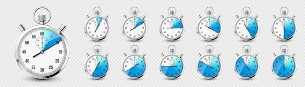 Realistische klassische Stoppuhr-Ikonen glänzender Metall-Chronometer-Zeitzähler mit blauem Zifferblatt