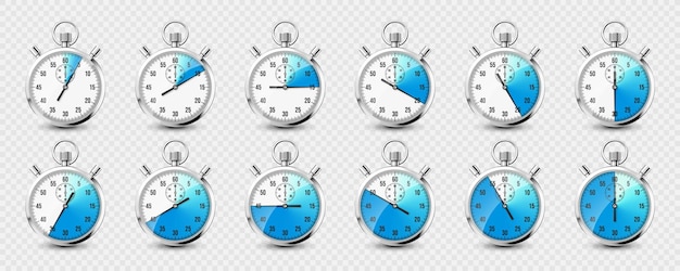 Realistische klassische Stoppuhr-Ikonen glänzender Metall-Chronometer-Zeitzähler mit blauem Zifferblatt