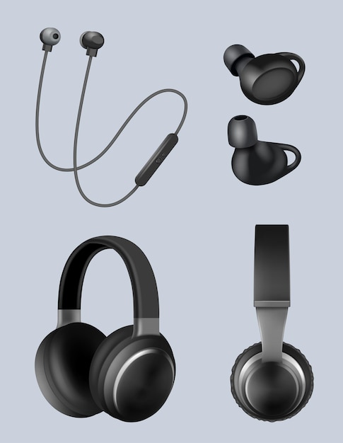 Vektor realistische kopfhörer audio-headset für musikobjekte zum hören anständiger vektorgrafiken, die isoliert auf weiß gesetzt sind