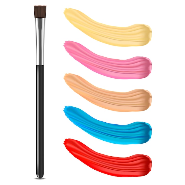 Realistische Kosmetikbürsten schmal und Farbpalette Mode weibliches Zubehör für korrigierende Schönheit. Vektorillustration