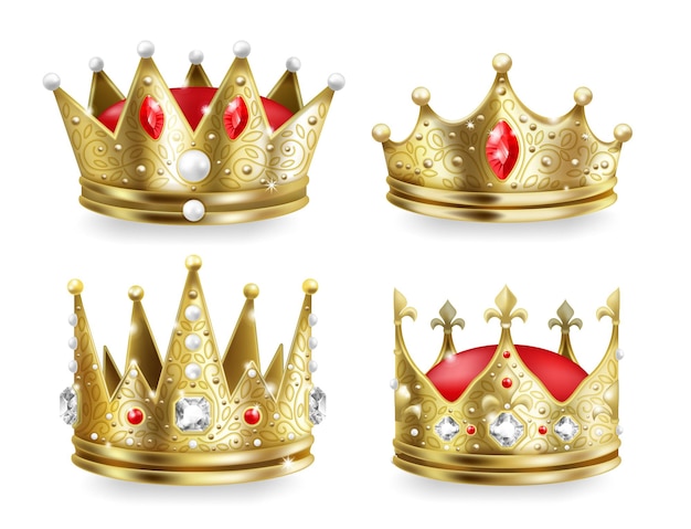 Realistische Kronen. Könige und Königinnen goldener königlicher Kopfschmuck, 3D-Luxuskollektion des mittelalterlichen Kaisers. Vektorillustration lokalisierte goldene Monarchenkrone mit luxuriösem Juwel- und Edelsteinsatz