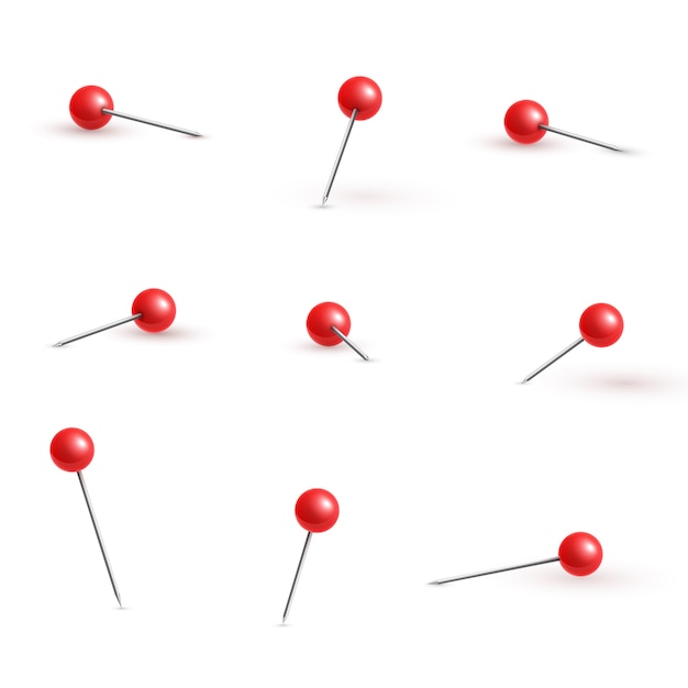 Realistische Kunststoff glänzend rote Druckstifte in verschiedenen Winkeln setzen Nadel.