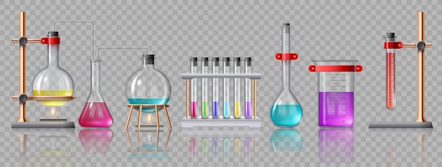 Realistische laborausstattung. glasröhrchen, kolben, brenner und becherglas mit chemikalien auf haltern. chemielabor-test-experiment-vektor-set. illustrationslaborforschungsexperiment, glasprüfgeräte