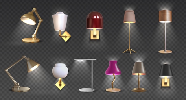 Realistische lampe. heimboden und schreibtisch 3d-lichtmöbel, nahaufnahme von torchere und lichtmöbel für die innenarchitektur. vektor isolierte set metalldekoration luxusleuchten für zuhause oder büro