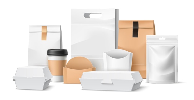 Realistische lebensmittelverpackungen im restaurant zum mitnehmen einweg-3d-behälter taschen und kartons paket für die schnelle essenslieferung kaffeetasse und druckverschlussbeutel blanko-packungs-attrappe vektorkonzept