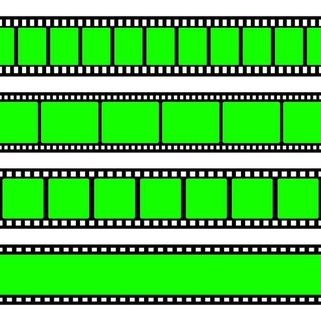Realistische leere filmstreifen-kamera-rolle alte retro-kino-filmstreifen mit grünem chroma-schlüssel-hintergrund analoge videoaufnahme und fotografie visuelle effekte zusammensetzung vektorillustration