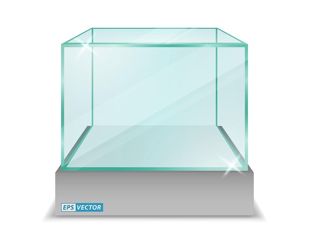 Realistische leere transparente glasbox oder leere glaswürfelbox vitrine oder ausstellungsbox transparent