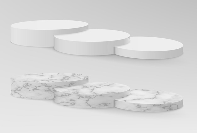 Realistische Marmor- und weiße Sockel oder abstrakte geometrische leere Museumsbühnen des Podiums