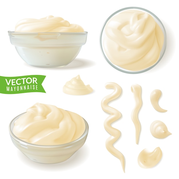 Vektor realistische mayonnaise in glasschalen. tropfen, abstriche und streifen.