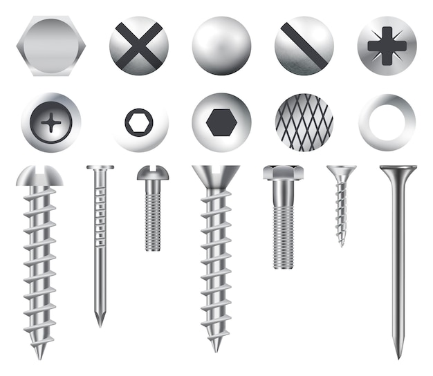 Vektor realistische metallbefestigungsschrauben- und nietensammlung satz von schrauben und schrauben realistische selbstschrauben-sammlung