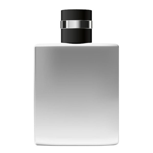 Realistische metallische flasche mit schwarzer kappe für parfüm isoliert auf weißem hintergrund ector