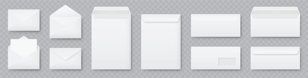 Realistische mockup-sammlung für weiße umschläge a6 c6 a5 c5 a4 c4 a5 c5 a3 c3 und dl-set gefaltete und entfaltete umschläge verspotten aktienvektor