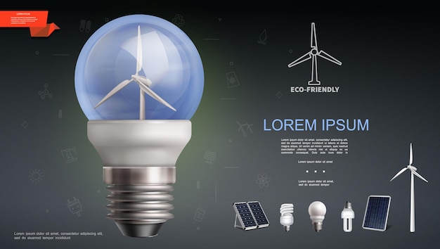 Realistische moderne stromschablone mit energiesparlampen-sonnenkollektoren und windmühlenillustration