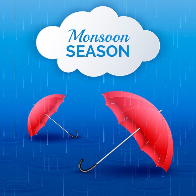 Realistische monsunzeitillustration mit regen und regenschirmen